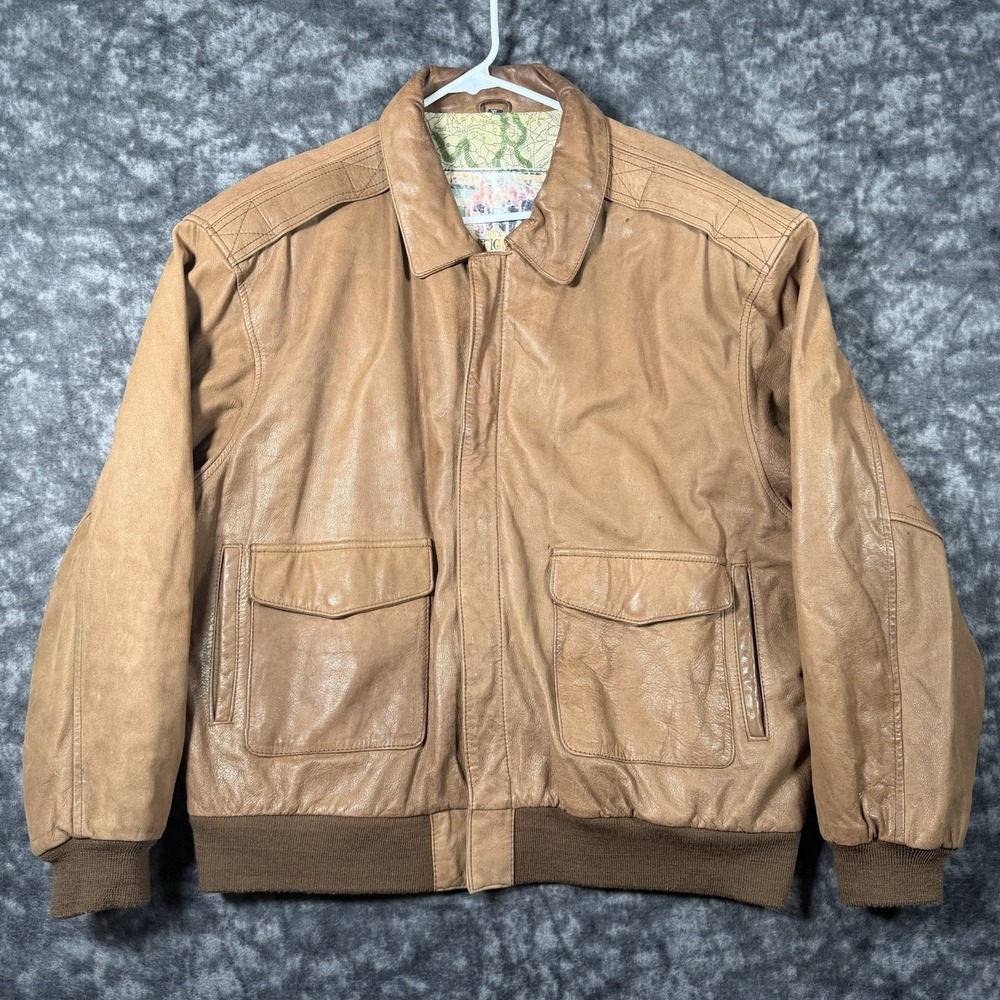 Atlantic Beach Leather Coat Works Vintage 90s Bomber Jacket Mens XL Brown Zip